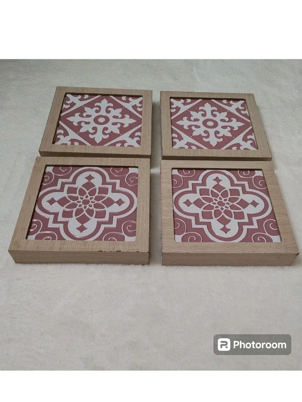 Set of 4 Pink White 8x8 Framed Wall Art Metal Tile Square Plaque Coquette Decor